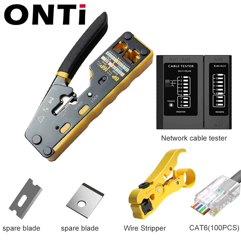 ONTi RJ45 Cat7/6/6A/5E Connector and RJ45 Crimp Tool Pass Through Crimper for 8P8C with Replacement Blade Cable Stripper