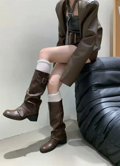 Woman Boots Knee High Platform Chunky Heels Trend Punk Gothic New Rock Leather Fashion Women's Shoes Motorcycle Footwear Q221