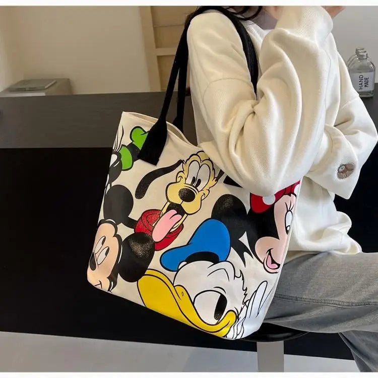Cartoon Mickey Tote Bag Canvas Bag with Goofy Pattern Shoulder Bag Fashion Travel Large Capacity Canvas Bag Women Shopping Use