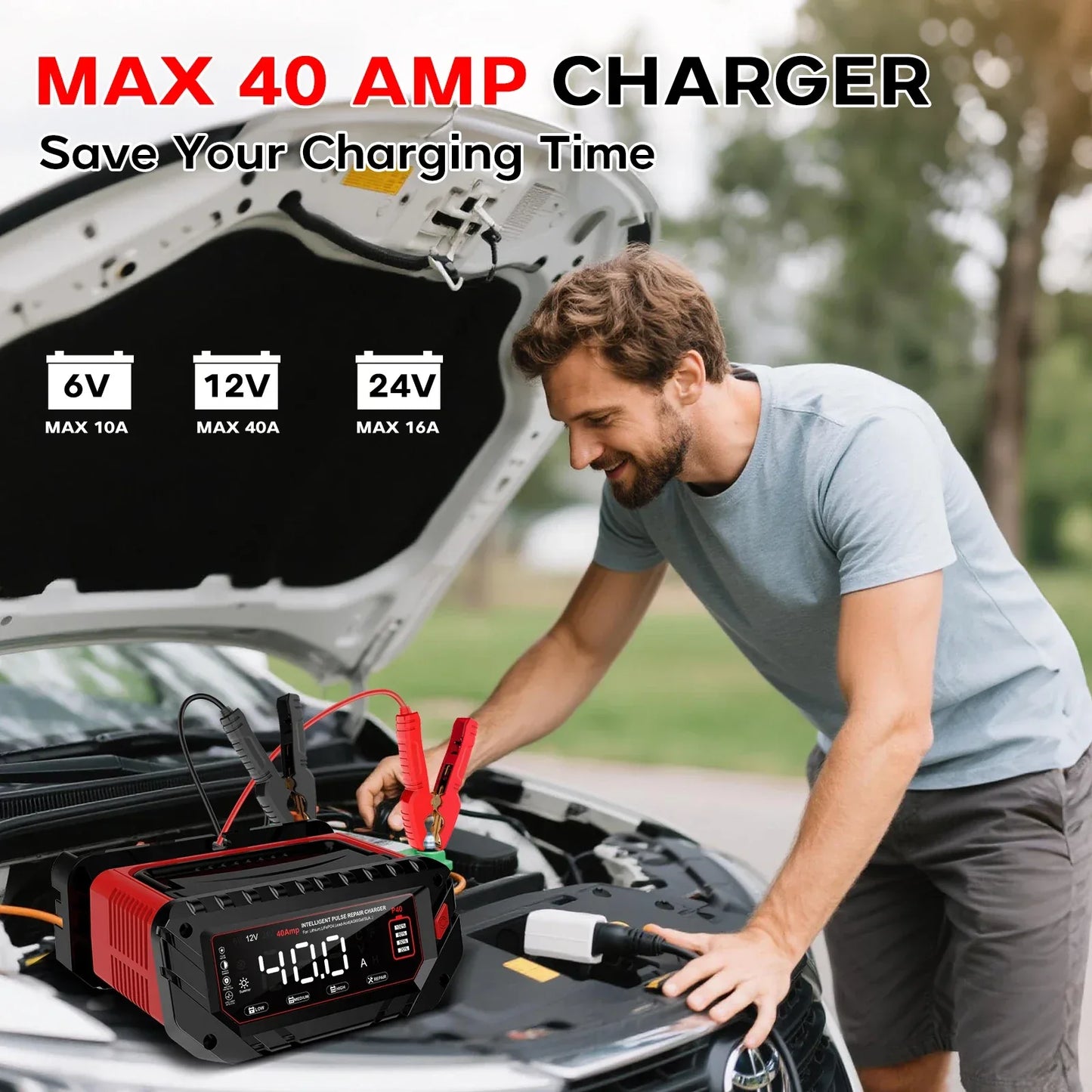 HTRC 40A Car Battery Charger 6V 12V 24V Charger for Lithium LiFePO4 Lead-acid AGM GEL Battery 9-stage Car Motorcycle Charger