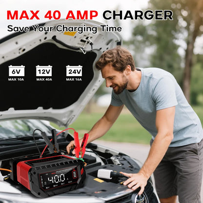 HTRC 40A Car Battery Charger 6V 12V 24V Charger for Lithium LiFePO4 Lead-acid AGM GEL Battery 9-stage Car Motorcycle Charger