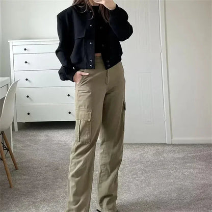 EDSA Woman Bomber Jacket White Autumn Winter Button Cropped Jackets for Women Fashion Long Sleeve Crop Outerwear