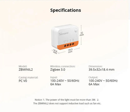 SONOFF ZBMINI L2 Extreme ZigBee Smart Switch No Neutral Wire Required 1-Gang 2-Way Control Switch Alexa Voice Work with ZBBridge
