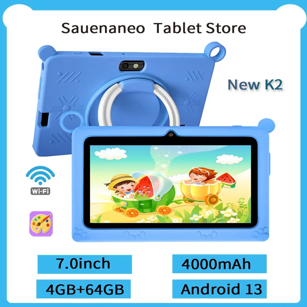New 5G WIFI Children's Learning 7.0-inch Tablet 4GB RAM 64GB ROM Quad Core Mini Tablet with Leather Case Supports Games 4000mAh