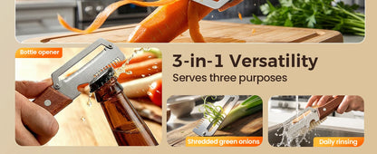 3-in-1 Vegetable Peeler with Wooden Handle and Bottle Opener, Multi-Functional Vegetable Peeler for Kitchen, Gadgets Tool