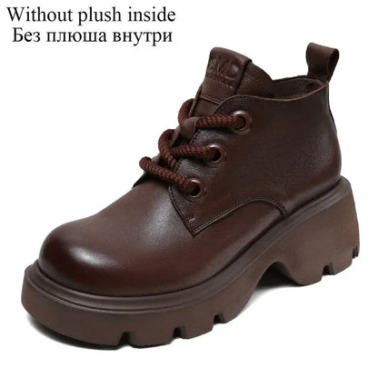 DRKANOL Luxury Design Genuine Leather Ankle Boots For Women Platform Casual Short Boots Women Winter Thick High Heel Warm Shoes