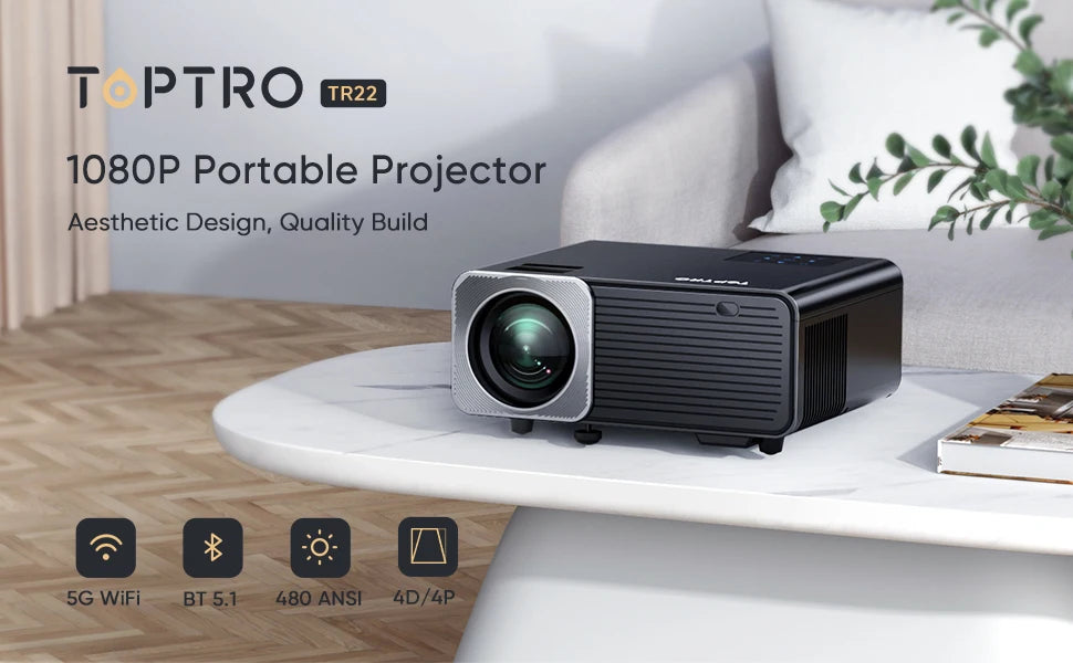 TOPTRO TR22 Projector 4K Supported Native 1080P 480 ANSI 5G WiFi Bluetooth Projector 4D/4P Keystone Correction Home Cinema