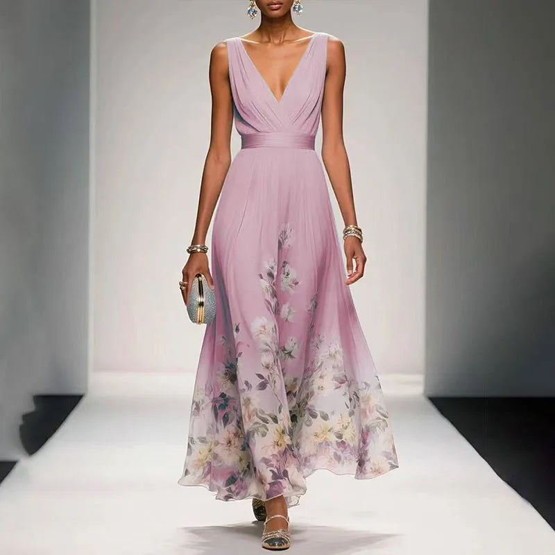 New Fashion Party Dresses Deep V Neck Floral Printing Ruffle Sleeveless A Line Beach Dress High Waisted Summer Sexy Womens Dress