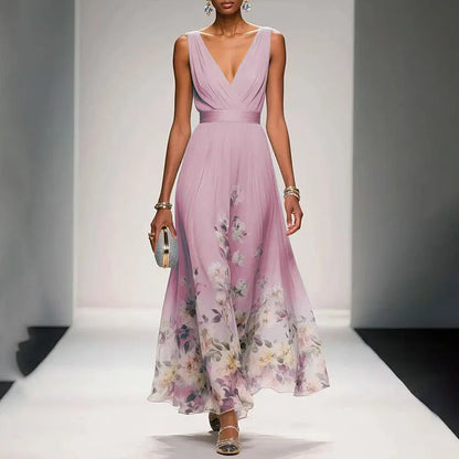 New Fashion Party Dresses Deep V Neck Floral Printing Ruffle Sleeveless A Line Beach Dress High Waisted Summer Sexy Womens Dress