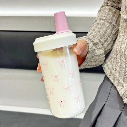 Pink Bow Tumbler Transparent Straw Water Cup Cute Portable Water Bottle For Outdoor School Drinking Water Bottles ﻿