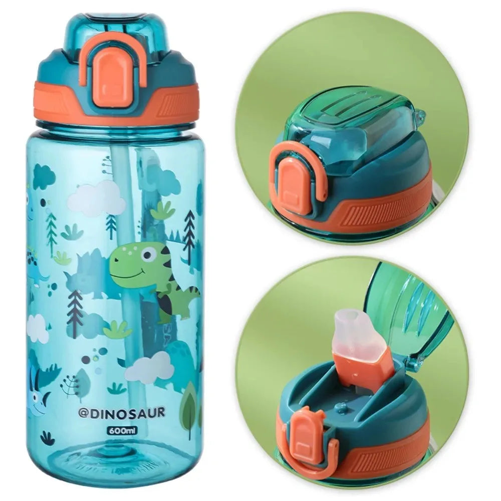 Dinosaur Themed Camping Bottle For Water Drinking Cup With Straw 600ml BPA Free Leakproof Kids Sports Bottle Lightweight Durable
