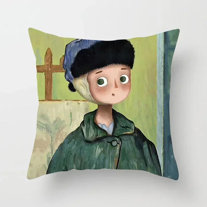 Creative Cartoon Oil Painting Mona Lisa Van Gogh Cushion Cover Portrait Painting Throw Pillow Case Cojines Decorativos Para Sofa