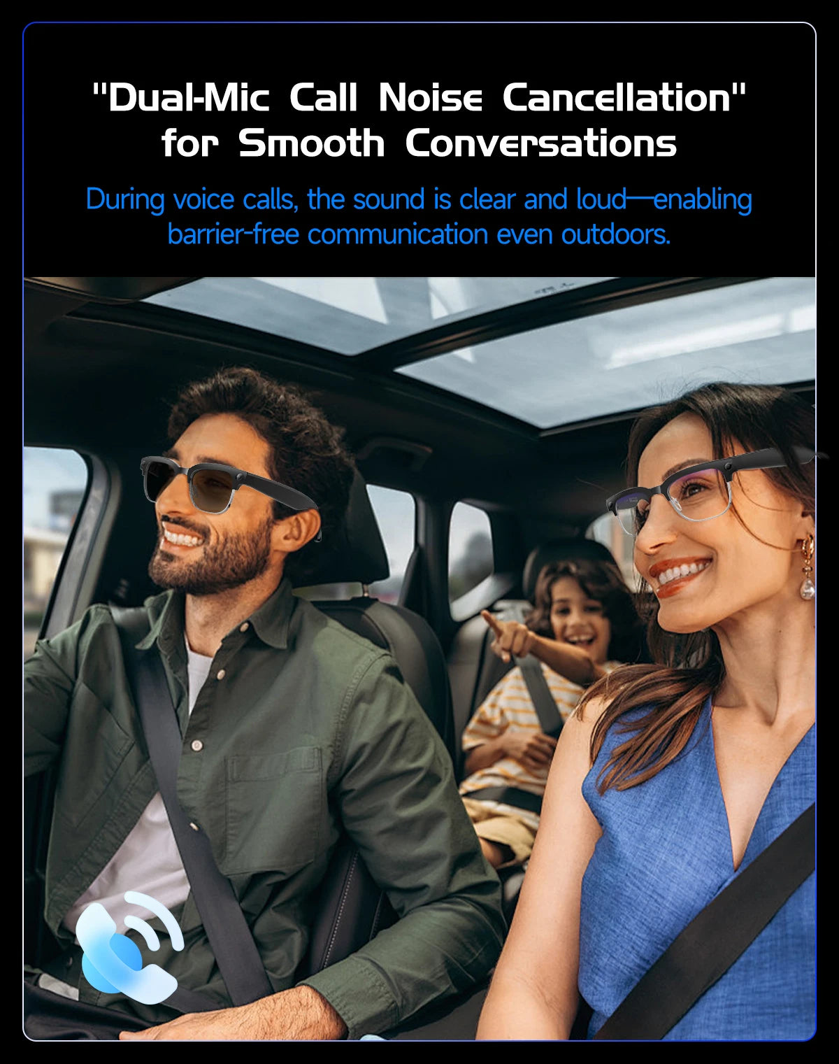 Lunettes intelligentes avec traduction IA, caméra HD 8 mégapixels, stabilisation optique de l'image, double microphone et réduction du bruit.