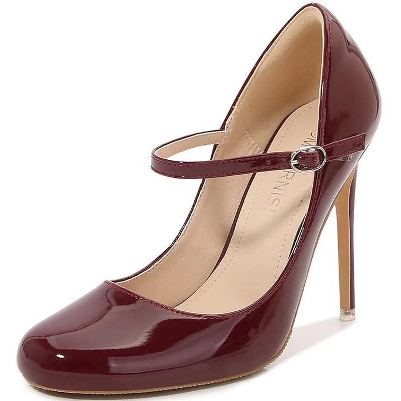 Women Patent Leather High Thin Heel Shoes Ankle Strap Women Pumps for Office Nightclub Party Wedding Cross Dressing Wide Shoes