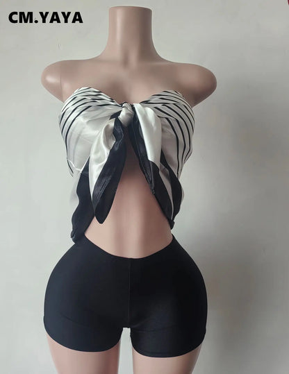 CM.YAYA Fashion Fitness Women's Set Sleeveless Print Strapless Top + Shorts 2025 Summer Active Two 2 Piece Sets Outfit Tracksuit