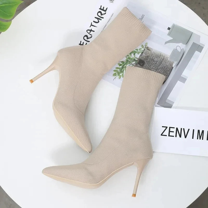 Comemore Knitting Stretch High Heels for Women Fashion Shoe 2025 Spring Autumn Ankle Boot Female Sexy Sock Boots Plus Size 34 42