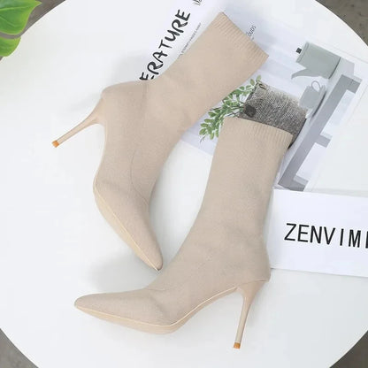 Comemore Knitting Stretch High Heels for Women Fashion Shoe 2025 Spring Autumn Ankle Boot Female Sexy Sock Boots Plus Size 34 42