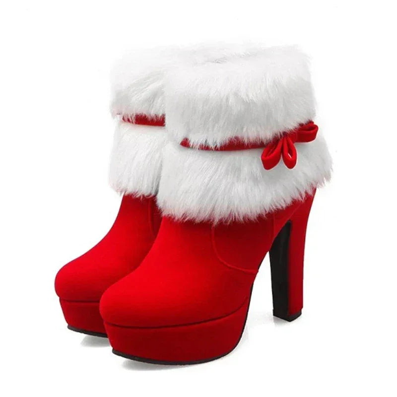 Winter Women Boots Christmas Ankle Boots High Heels Ladies Shoes Femme Warm Short Boots Red Black Shoes  Size 35-43