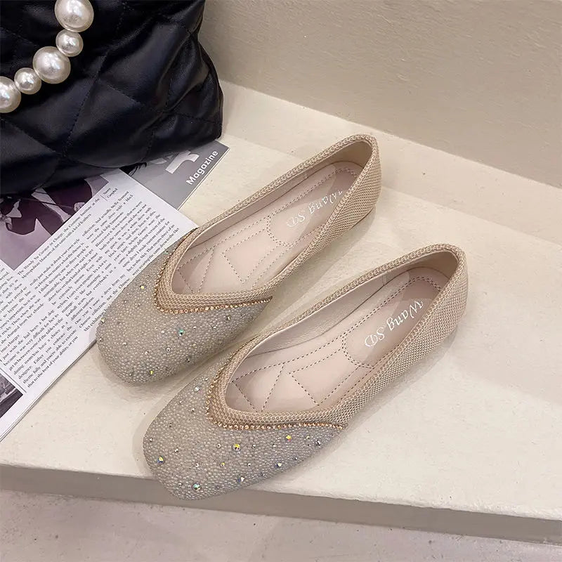 Shoes for Woman 2025 Diamond Flats Women's Summer Footwear Flat Square Toe Pink with Crystals Rhinestone Office 39 Beau Today E