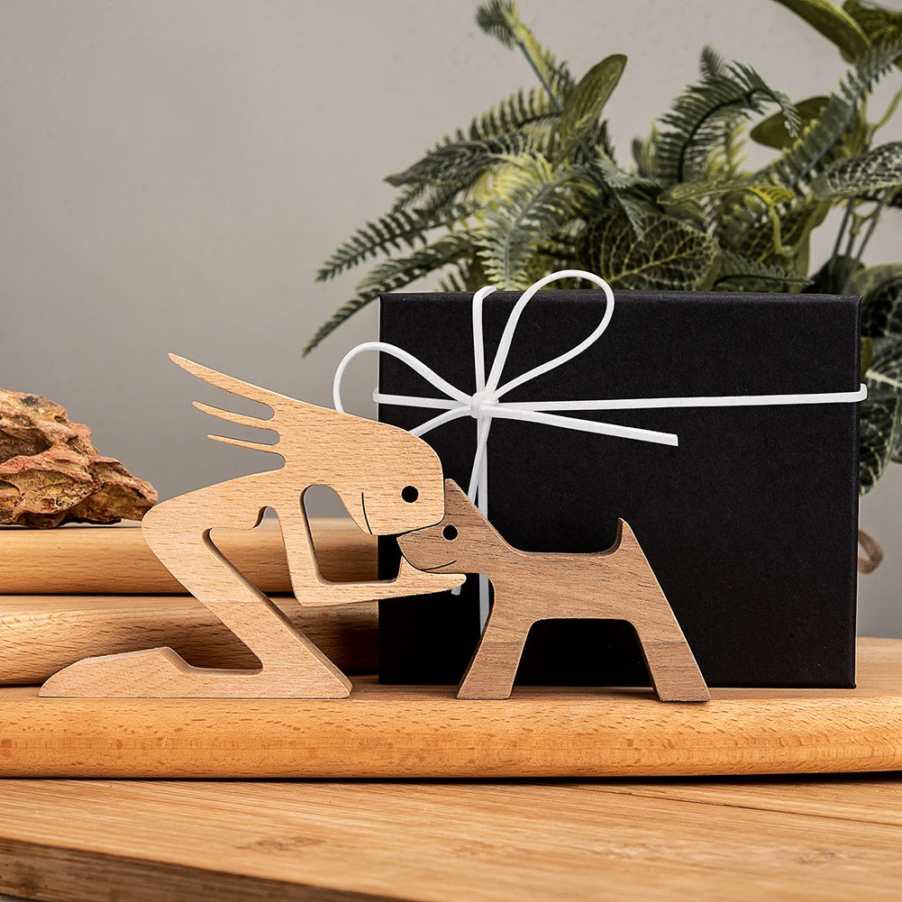 Family Puppy Wood Dog Craft Figurine Desktop Table Ornament Carving Model Home Office Decoration Pet Sculpture Christmas Gift