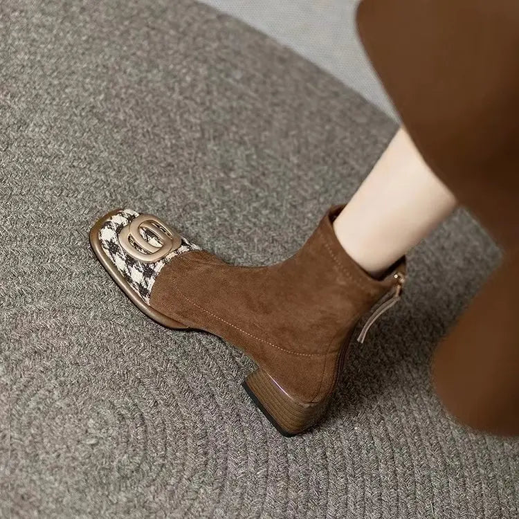 Women Mid Heels Chelsea Boots Chunky Suede Ankle Shoes Winter 2024 Fashion New Zipper Boots Pumps Walking Punk Warm Sock Botas