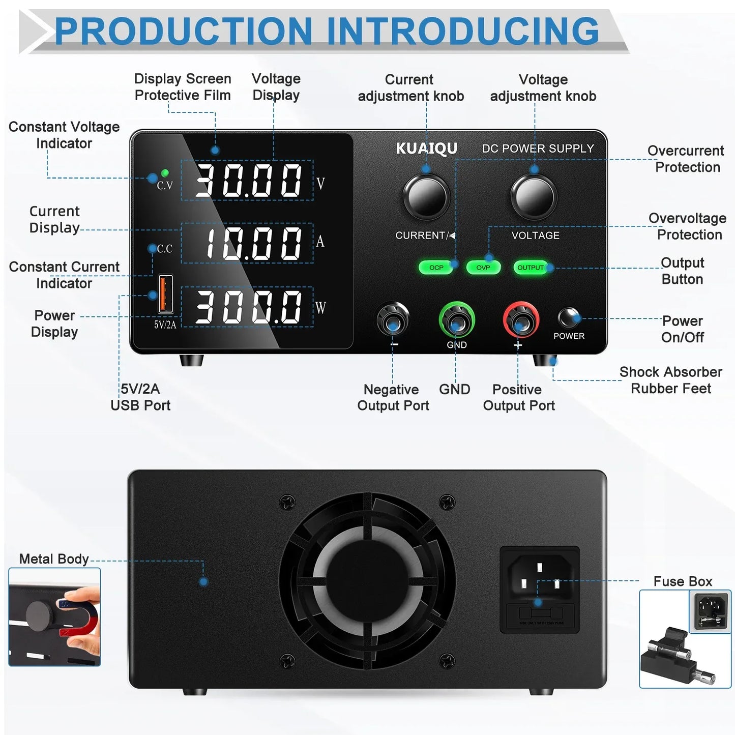 KUAIQU High Precision 30V10A Adjustable DC Stabilized Power Supply, Laboratory Specific Digital Display Power Supply, Aging Test