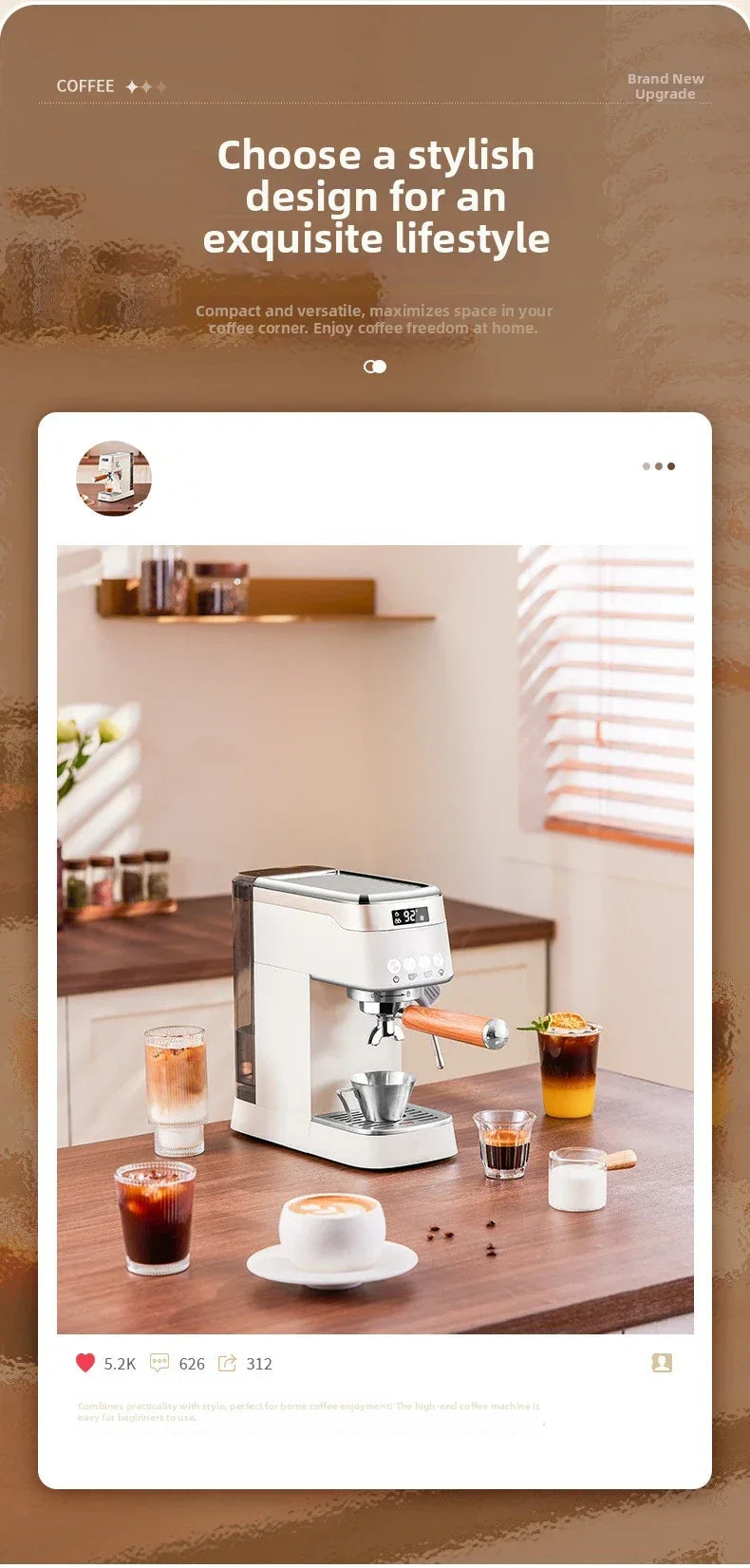 Pro Semi-Automatic Espresso Machine 20Bar Pressure, Compact for Small Kitchens, Built-in Milk Frother, Fast Heating Energy Savi