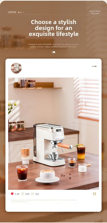 Pro Semi-Automatic Espresso Machine 20Bar Pressure, Compact for Small Kitchens, Built-in Milk Frother, Fast Heating Energy Savi
