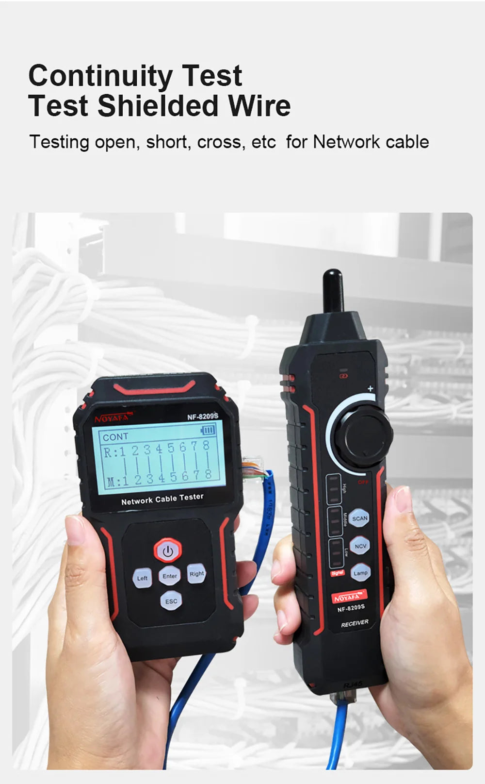 NOYAFA NF-8209S Network Cable Tester Cable Tracker Cat5 Cat6 PoE Tester Detect Length Continuity Test with NCV & Lamp