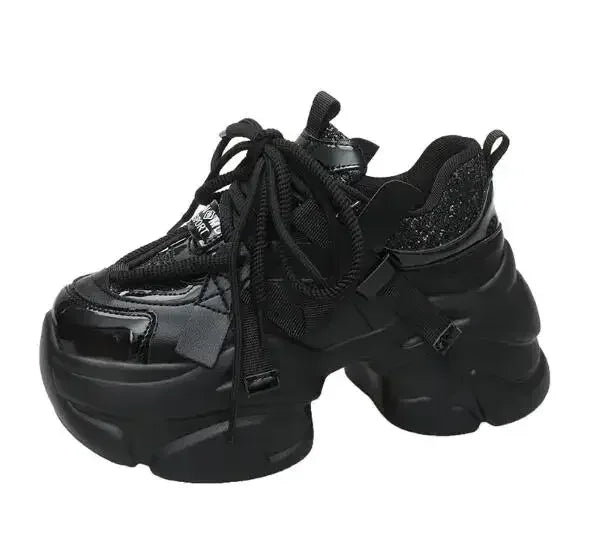 8CM Women Bling Red Chunky Sneakers Winter High Platform Warm Fur Shoes Ladies Wedges Casual Dad Shoes Leather Sports Sneakers