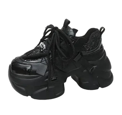 8CM Women Bling Red Chunky Sneakers Winter High Platform Warm Fur Shoes Ladies Wedges Casual Dad Shoes Leather Sports Sneakers