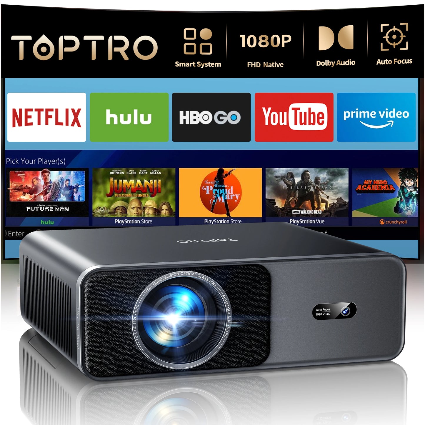TOPTRO A1 4K Projector Official Netflix 1000ANSI Native 1080P Auto Focus & Keystone 38000 lumens BT5.2 WIFI6 Smart Home Theater