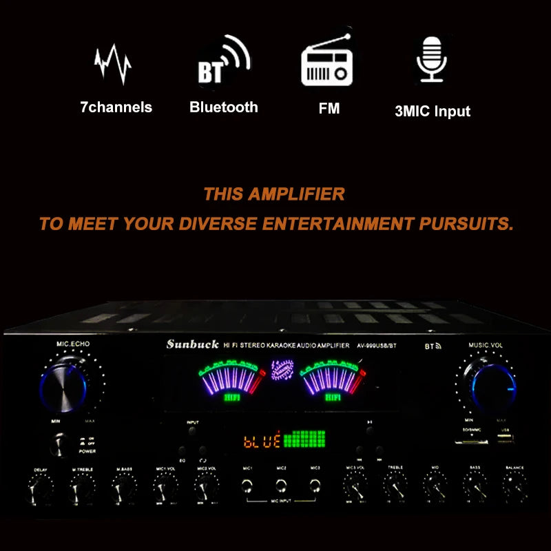 AV-555BT/999BT Max 4000W Bluetooth Sound Amplifiers Dual Dynamic Screen HiFi Digital Stereo Amplify For Home Car Theatre Karaoke