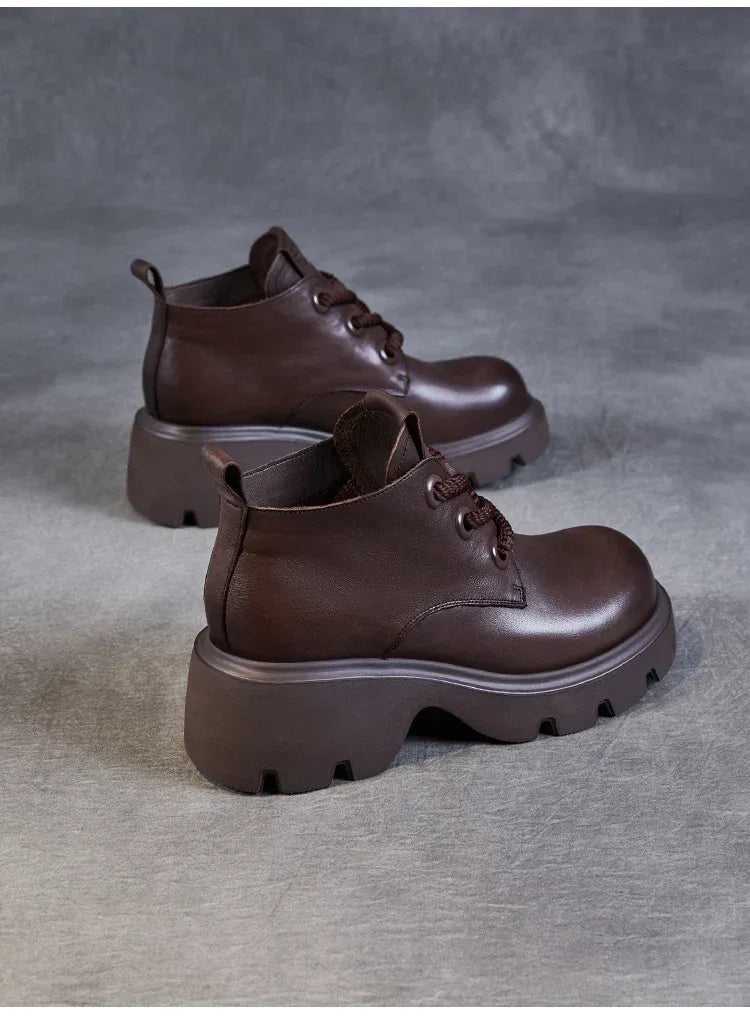 DRKANOL Luxury Design Genuine Leather Ankle Boots For Women Platform Casual Short Boots Women Winter Thick High Heel Warm Shoes