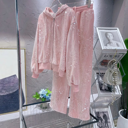 Fashion Pink Casual Suit for Women Autumn Winter New Gold Velvet Sequins Pearl Embroidery Sweatshirt Sports Pants Two-Piece Sets