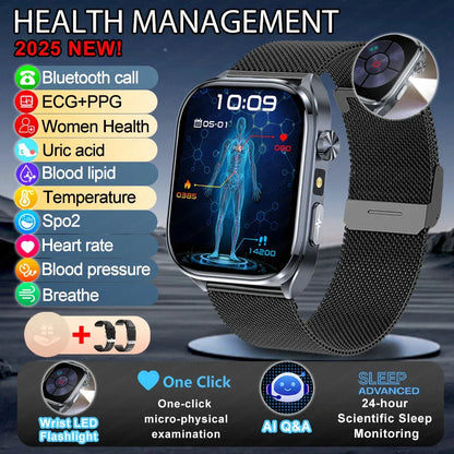 New Uric Acid Blood Lipids AI-GPT ECG Smartwatch Micro Physical Examination Body Analysis Men BT Call LED Flashlight Smartwatch