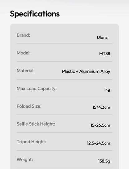 Ulanzi MT88 ClipMate Tripod Backpack Clip Selfie Stick Mode Extendable Tripod Mode Travel Photography Livestreaming Vlog Shots