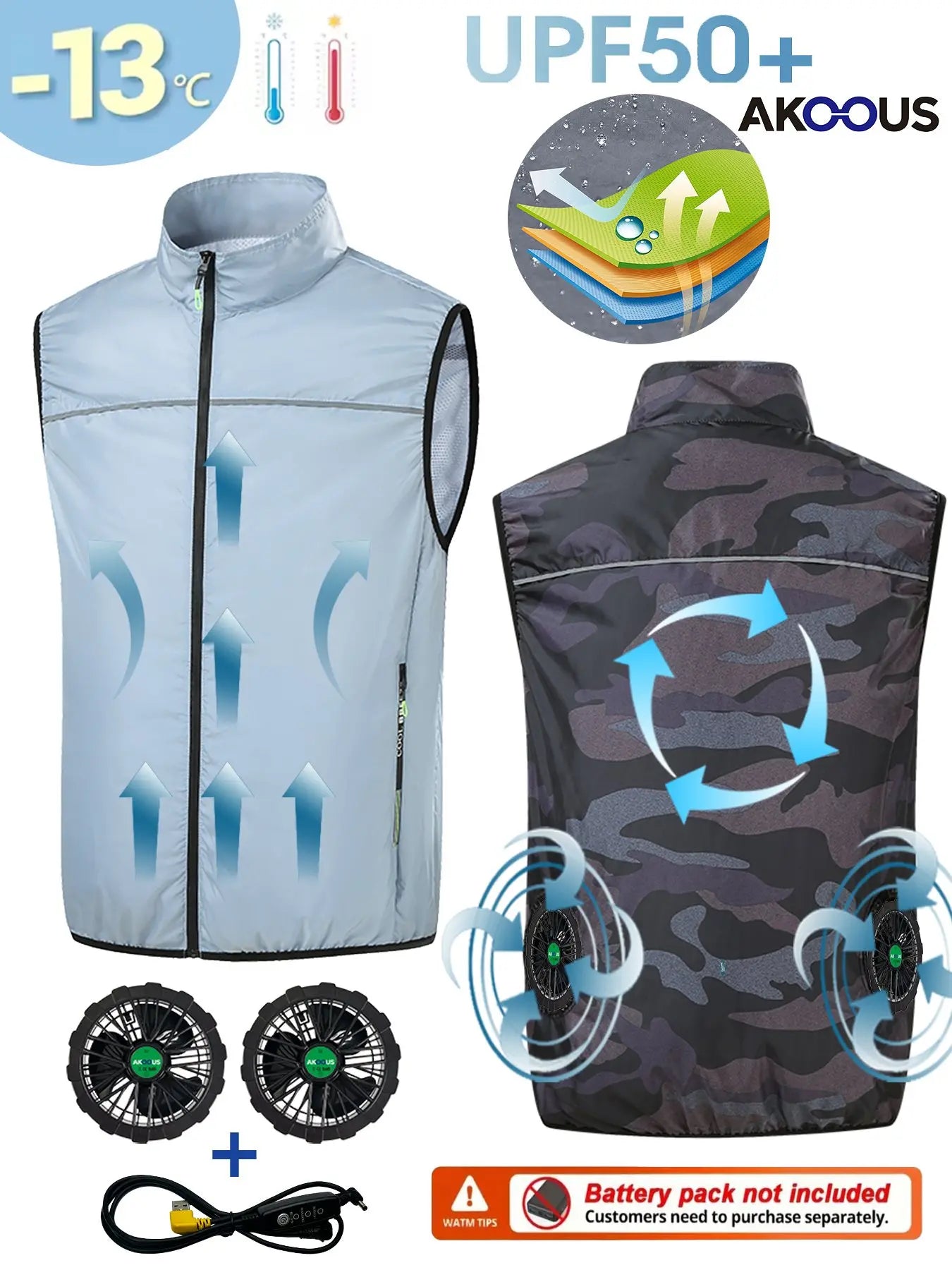 AKOOUS 12V/5V USB 4 Fans Cooling Vest Men Wearable Air Conditioned Clothes for Outdoor Work Fishing Hiking Loose Cool Vest