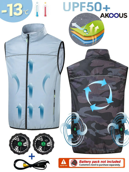 AKOOUS 12V/5V USB 4 Fans Cooling Vest Men Wearable Air Conditioned Clothes for Outdoor Work Fishing Hiking Loose Cool Vest