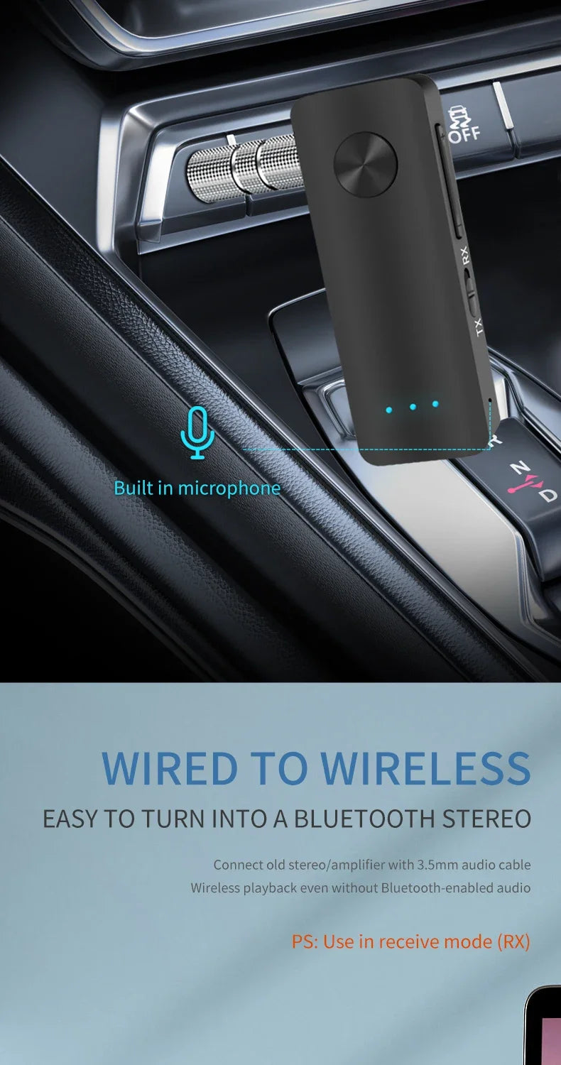 2-In-1 Wireless Audio Adapter Bluetooth 5.3 Receiver Transmitter 3.5mm Jack AUX Lossless Sound MIC For Car Speaker TV PC