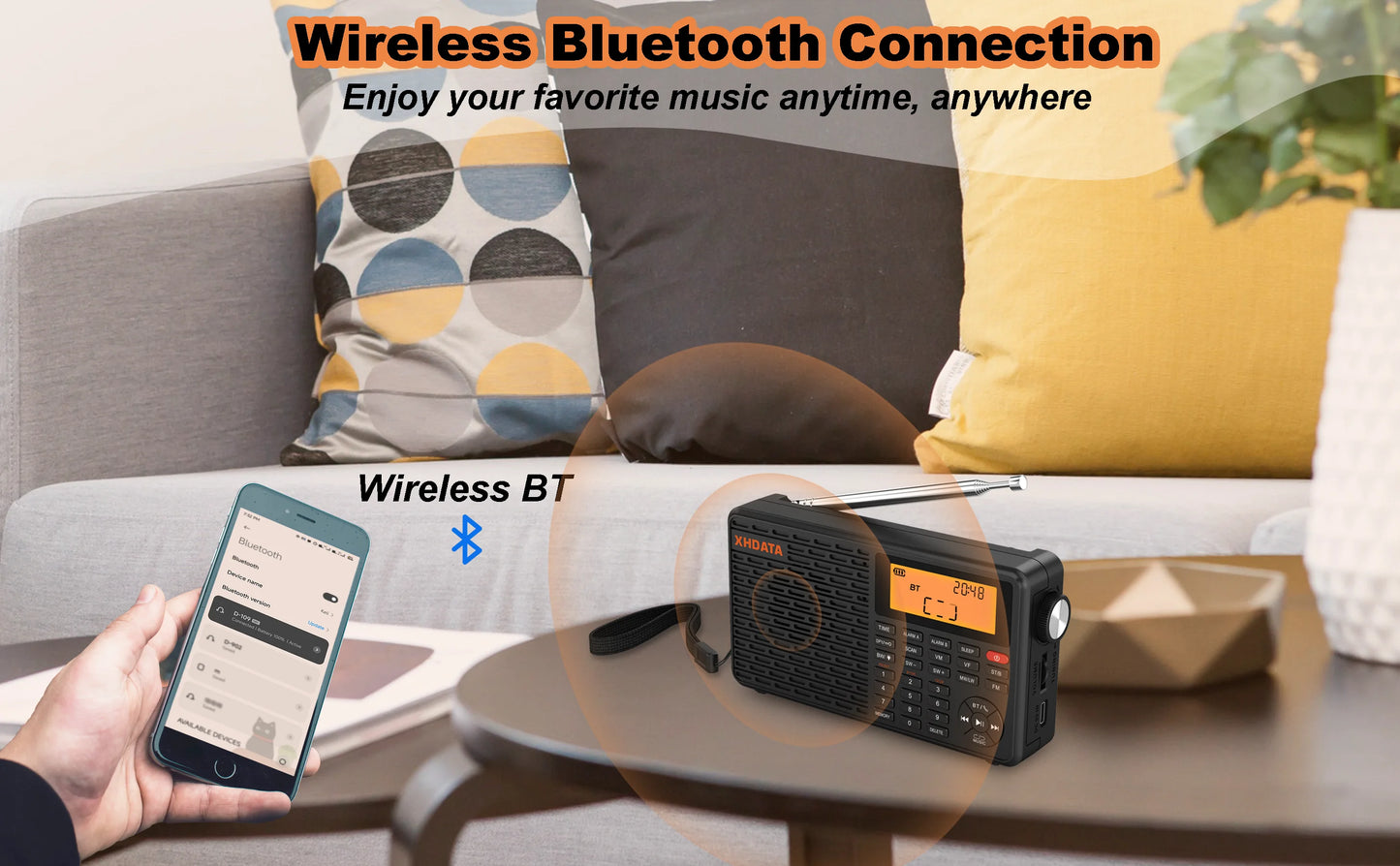 XHDATA D-109 Stereo Digital Portable Radio AM SW MW FM Radio Bluetooth Compatible Multifunctional Radio Support TF Card Player