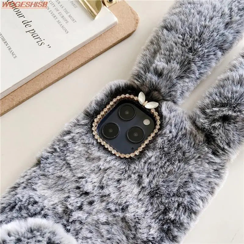 Soft Plush Phone Case For Xiaom Poco C85 C75 C71 C65 C61 C55 C51 C50 C40 C31 C3 Warm Winter Furry Rabbit Bunny Fur Cover