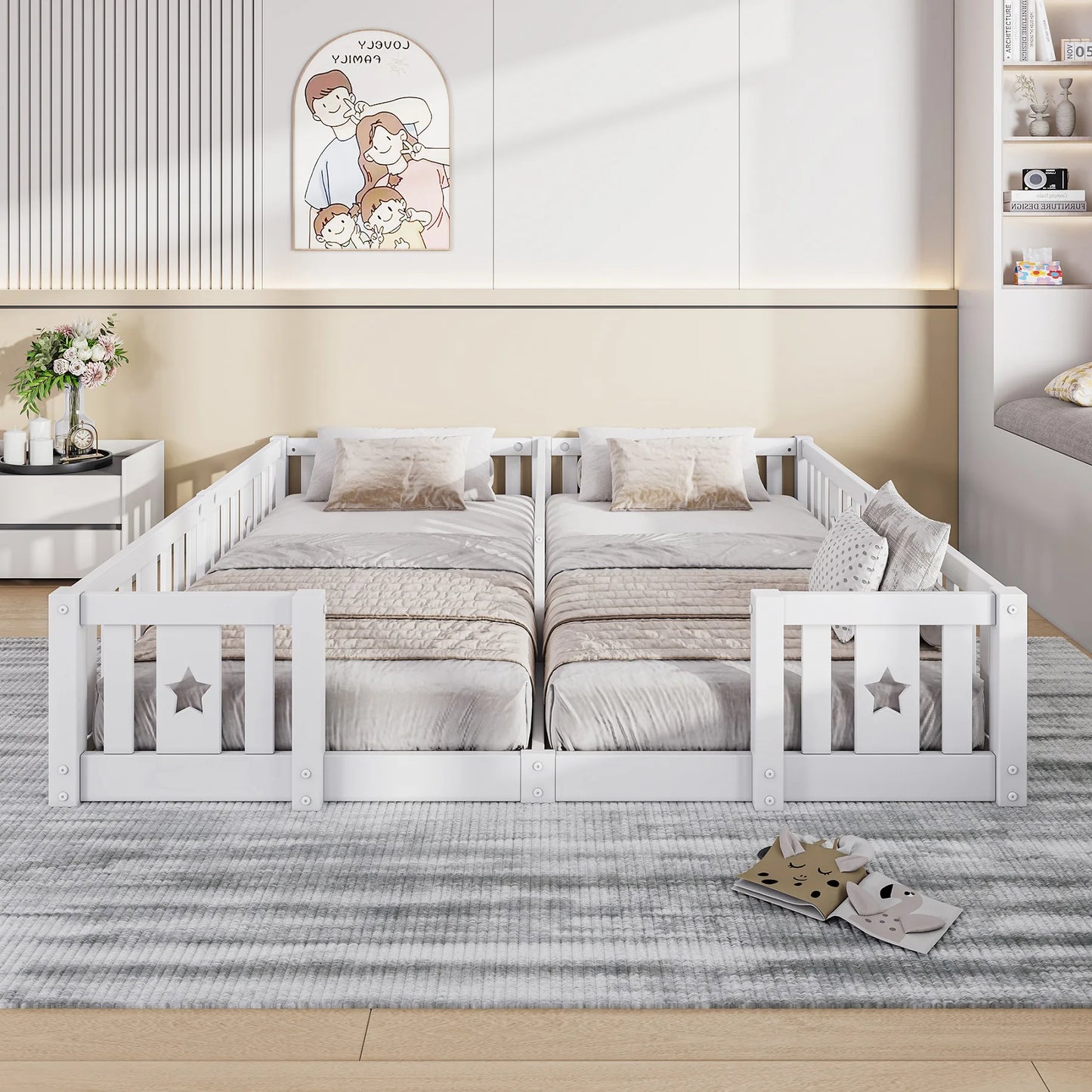 Rosahqnda Children's Bed Floor Bed 90x200cm with Railing Gate,Pine Wooden Bed for Families with 2 Children,Children's Twin Bed