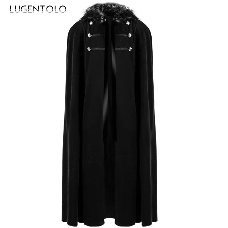 Cape punk vintage pour homme, style décontracté, col en fourrure, à capuche, idéale pour Halloween, costume médiéval, Renaissance, automne/hiver, manteau long