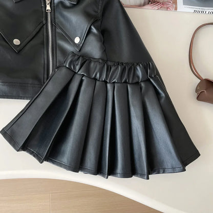 2024 Girls Baby Spring Autumn Winter PU Clothing Set Fashion Kids Leather Zipper Jackets+skirts Children 2pcs Birthday Clothes