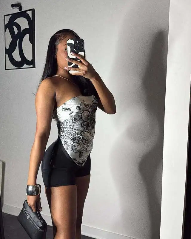 CM.YAYA Fashion Fitness Women's Set Sleeveless Print Strapless Top + Shorts 2025 Summer Active Two 2 Piece Sets Outfit Tracksuit