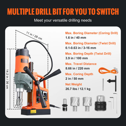 SucceBuy 1450W Magnetic Drill 2"Boring Diameter 12500/12800N Portable Electric Mag Drill Press 800 RPM Magnetic Drilling Machine