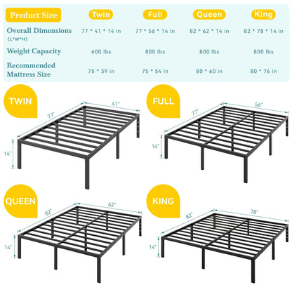 HOOMIC Twin/Full/Queen/King Heavy-Duty Metal Bed Frame with 14 Inch Under-Bed Storage — No Box Spring Needed, Easy Assembly