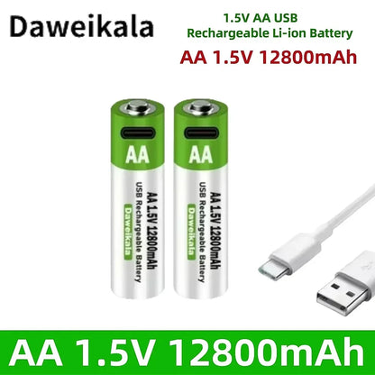 2025 New AA 1.5V USB Rechargeable Li-ion Battery 12800mAh Battery W/Type-C Cable for Toy Remote Control Mouse Electric Battery