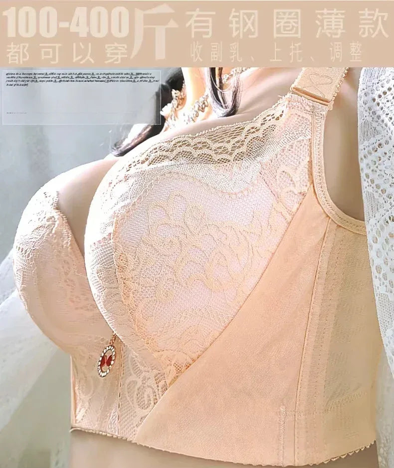 Plus Size Push Up Bra Sexy Lace Underwire - Full Coverage Lingerie for Curvy Women, Wide Side Wings & Thin Cup Support Big Bust